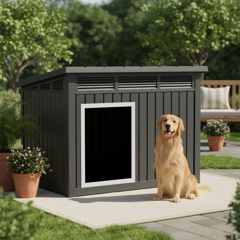 42.87"x32.95"x31.61" Slanted Top Doghouse for Large Dogs - UV-Resistant  Outdoor Pet Shelter with Ventilation Openings, Easy Assembly, Durable Plastic Construction,, Modern Pet House, Weatherproof Pet Home,Outdoor Stray Dog Kennel