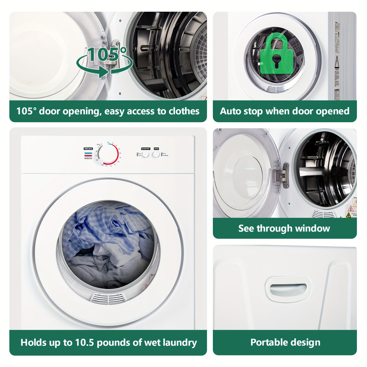 ICYGLEE 110V Portable Laundry Dryer with Stainless Steel Drum, Compact Electric Dryer 1.5/1.85 Cu.ft Front Load, Ideal for Apartments, RVs, And Dorms, White, User-friendly Controls