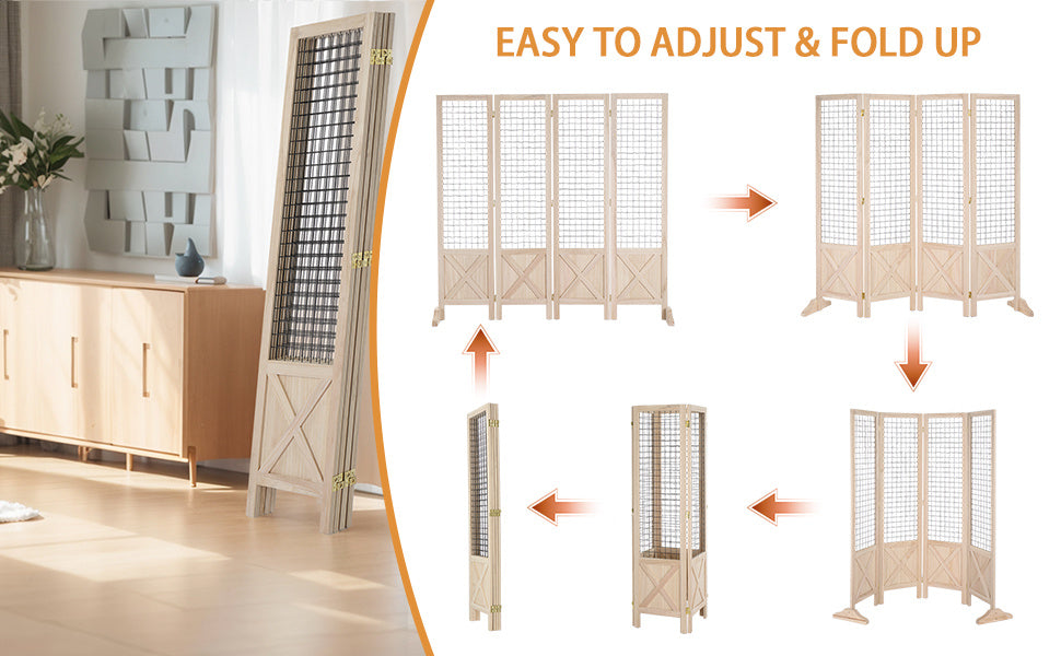 VINGLI Room Divider Freestanding Grid Wall, 4 Panel Folding Display Board Organizer with Base Feet, Decorative Wooden Frame Wire Grid Screens for Craft Shows Events Retail