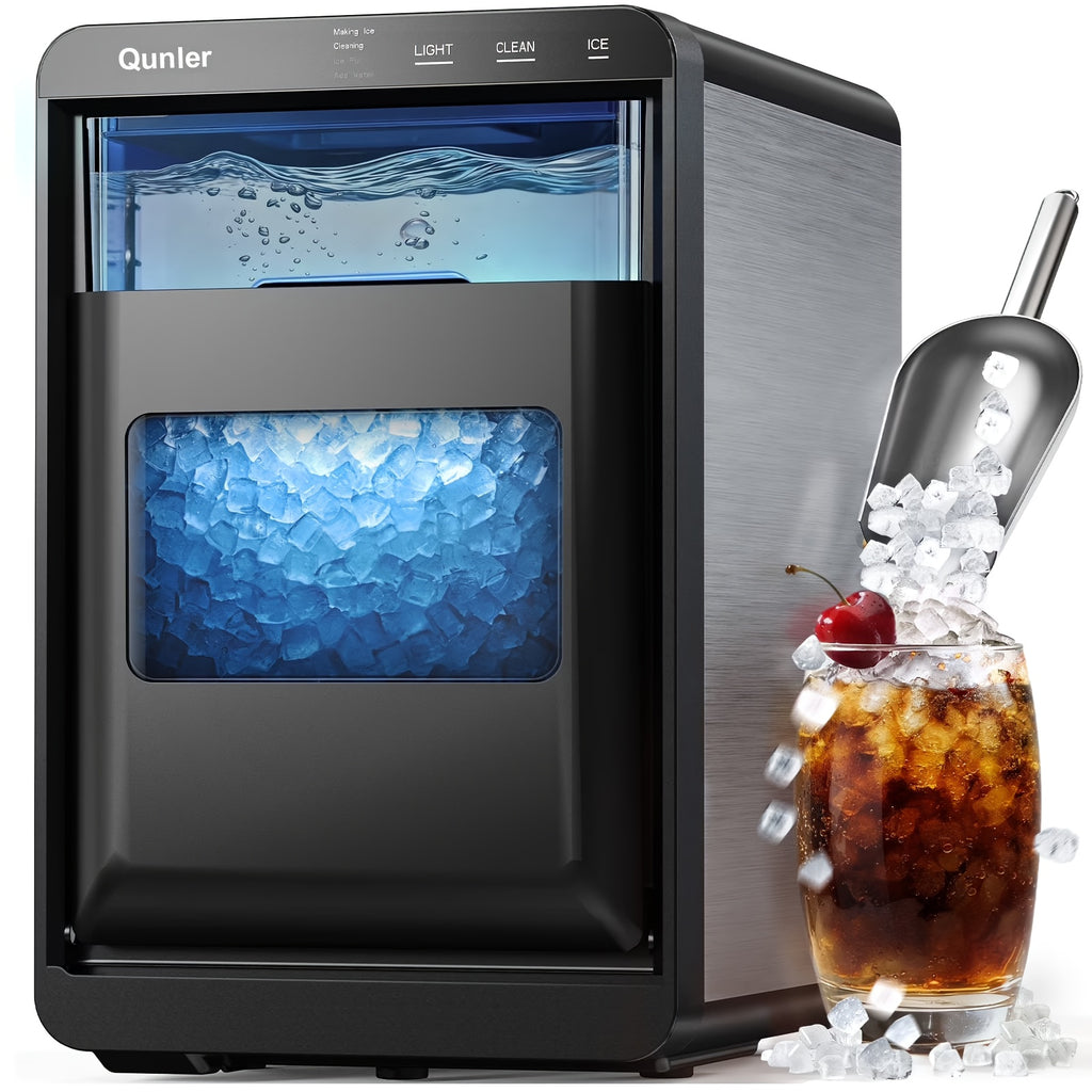 Countertop Nugget Ice Maker, Qunler 46 Lbs/Day Soft Chewable Pellet Ice Machine, Self-Cleaning Stainless Steel Ice Maker with Ice Scoop And Ice Basket for Iced Coffee, Soda, Tea, Cold Drinks, Home Kitchen & Office Use