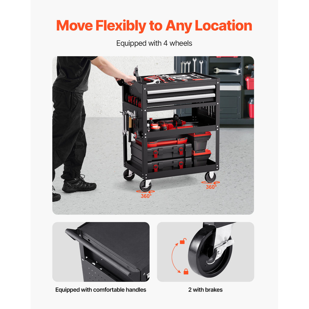 VEVOR 5-Tier Tool Cart on Wheels 400 lb Rolling Work Cart with Drawer & Pegboard