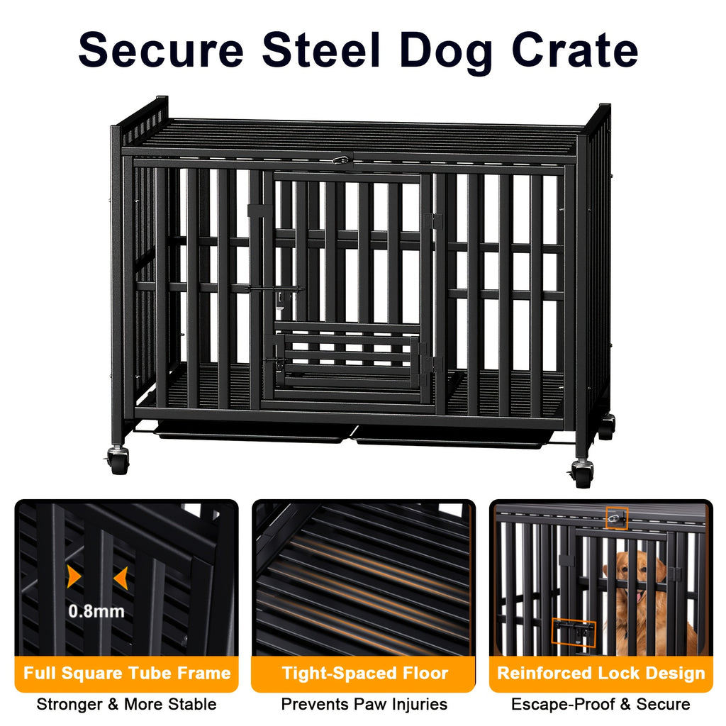 Extra Large Heavy Duty Dog Cage, 43.2 Inch - Indestructible Metal Kennel, Escape-Proof, with Lockable Wheels And Triple Doors, Ideal for High-Anxiety Pets, Indoor/Outdoor Use, High-Anxiety Pet Cage