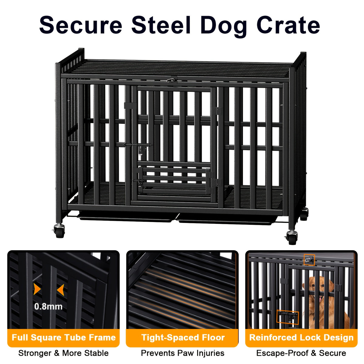 Extra Large Heavy Duty Dog Cage, 43.2 Inch - Indestructible Metal Kennel, Escape-Proof, with Lockable Wheels And Triple Doors, Ideal for High-Anxiety Pets, Indoor/Outdoor Use, High-Anxiety Pet Cage
