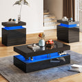 High Gloss 3pcs Living Room Table Set, Modern LED Coffee Table Sets Of 3, 2-Tier Center Table with 2 End Side Tables, LED Lights Bedside Table Nightstands with Charging Station