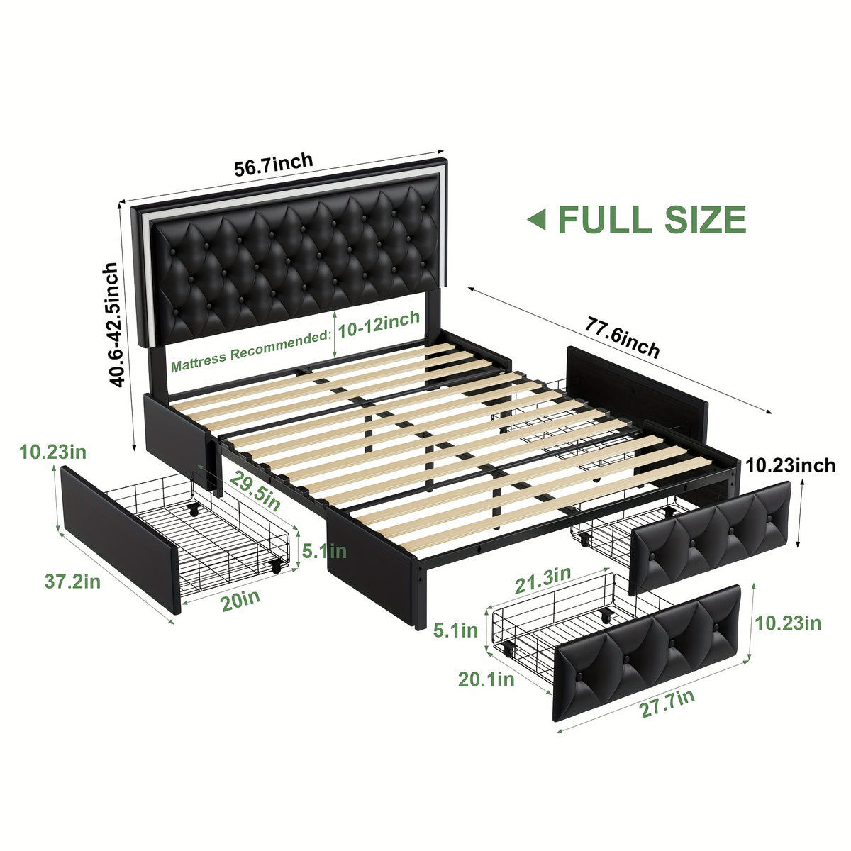 Full/Queen/King Size Modern Bed Frame with LED Headboard & 4 Storage Drawers - Upholstered Platform Bed, Button Tufted Headboard Suitable for Beige/White/Black - Assembly, No Box Spring Needed, Wood-Free