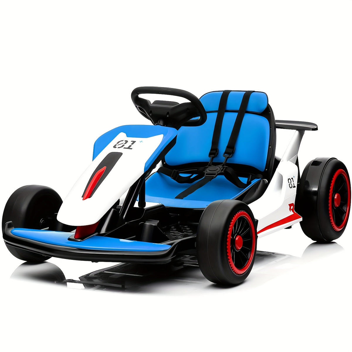 Kids Electric Ride-On Car with 4 PP Foam Tires, 110LBS Max Load, 5-Point Seat Belt, Music Mode & Dual Brake - Exciting Racing Experience for Ages 6+ (Red/Blue)