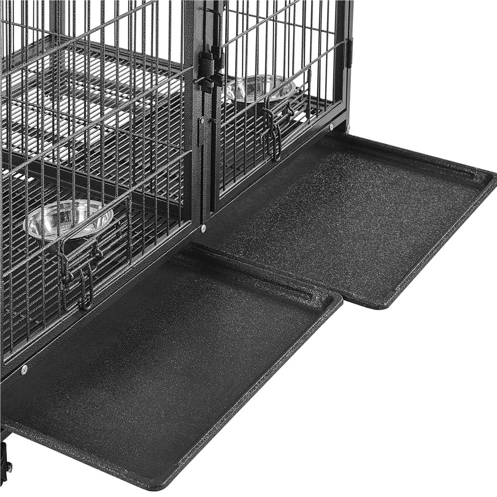 Costoffs Halloween 29/35"H Rolling Dog Crate Rolling Heavy Duty Dog Cage with 2 Stainless-steel Bowls, Removable Divider, 2 Pull-out Trays for Dogs, Black