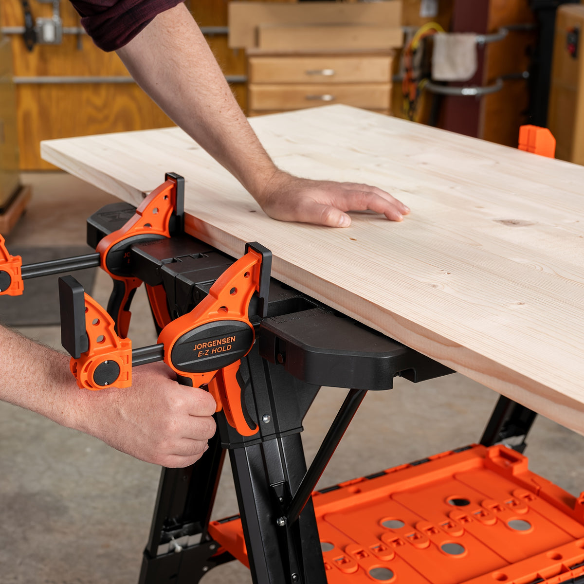 Portable Folding Work Table Pony, 2-in-1 as Sawhorse & Workbench, Load Capacity 1000 lbs-Sawhorse & 500 lbs-Workbench, 31" W×25" D×25"-32"H, with 4pcs Clamps, 4pcs Bench Dogs, 2pcs Safety Straps