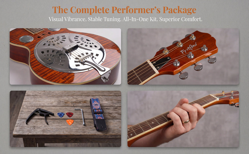 Acoustic Resonator Guitar Full Size 40 Inch Steel String, Beginner Acoustic Guitar Kit With Strap Capo Picks Wrench, Country Bluegrass Folk Blues Slide Fingerpicking Right Handed, Spruce Top Amber Orange Holiday Birthday Gift Musical Instrument