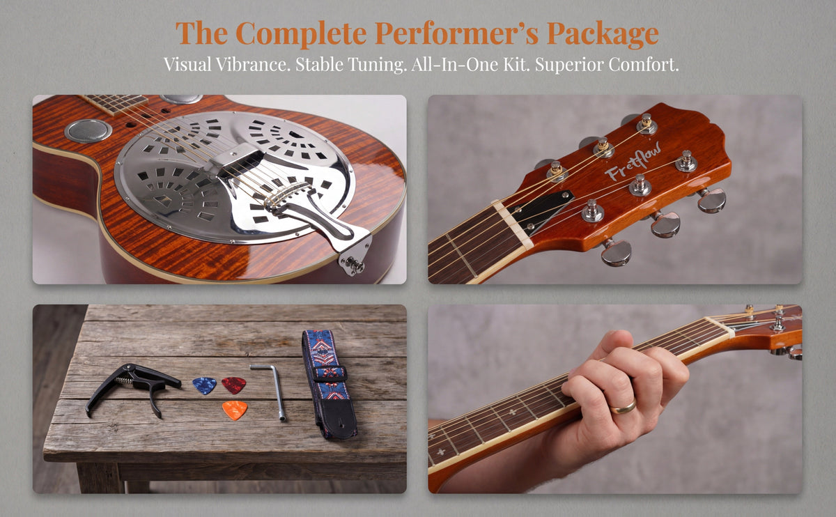 Acoustic Resonator Guitar Full Size 40 Inch Steel String, Beginner Acoustic Guitar Kit With Strap Capo Picks Wrench, Country Bluegrass Folk Blues Slide Fingerpicking Right Handed, Spruce Top Amber Orange Holiday Birthday Gift Musical Instrument