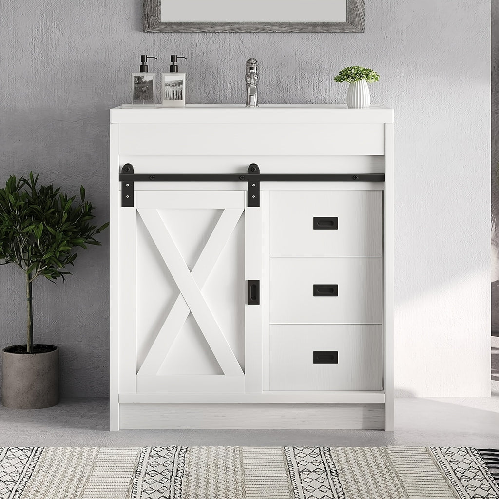 [Farmhouse Vanity With Sink] 31-Inch Farmhouse Style Bathroom Vanity With Ceramic Sink, Wall-Mounted Bathroom Sink Cabinet, With 2 Drawers And Sliding Barn Door, Modern Bathroom Vanity, With Metal Handles, Brown/Gray/Gray-White/White