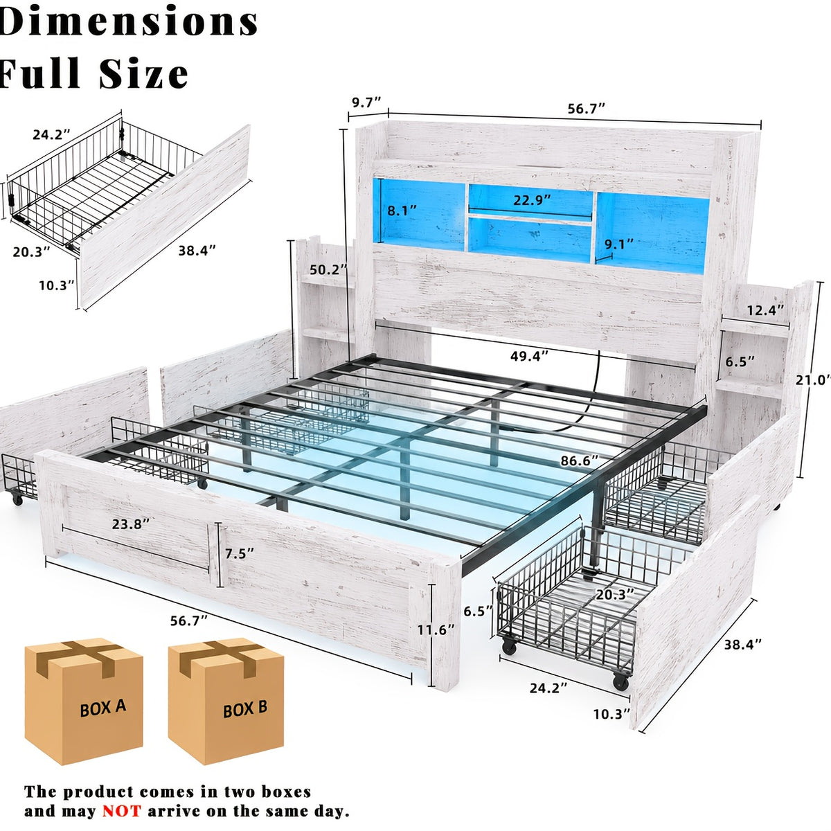Farmhouse Wooden Bed Frame with 4 Storage Drawers, LED Bed Frame with 49" Tall Bookcase Headboard, Wood Platform Bed with Charging Station And 2 Slide Bedside Shelves