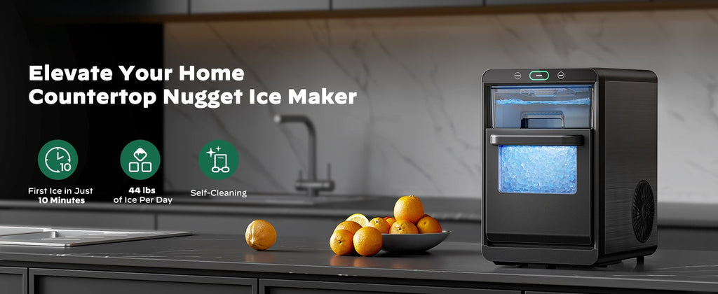 44 LBS Nugget Ice Maker Machine, Desktop ice maker, with front-pull-out water tank and removable basket, suitable for home/ kitchen/ camping, stainless steel