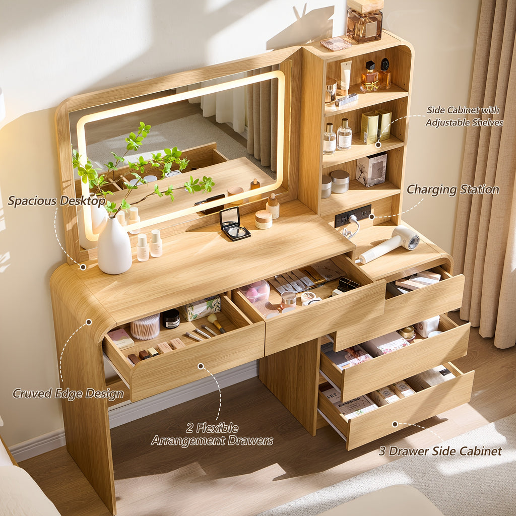 Makeup Vanity Desk with 5 Drawers, Vanity Table with Touch Screen LED Mirror & Charging Station for Bedroom, Adjustable Shelf, Curved Profile Design