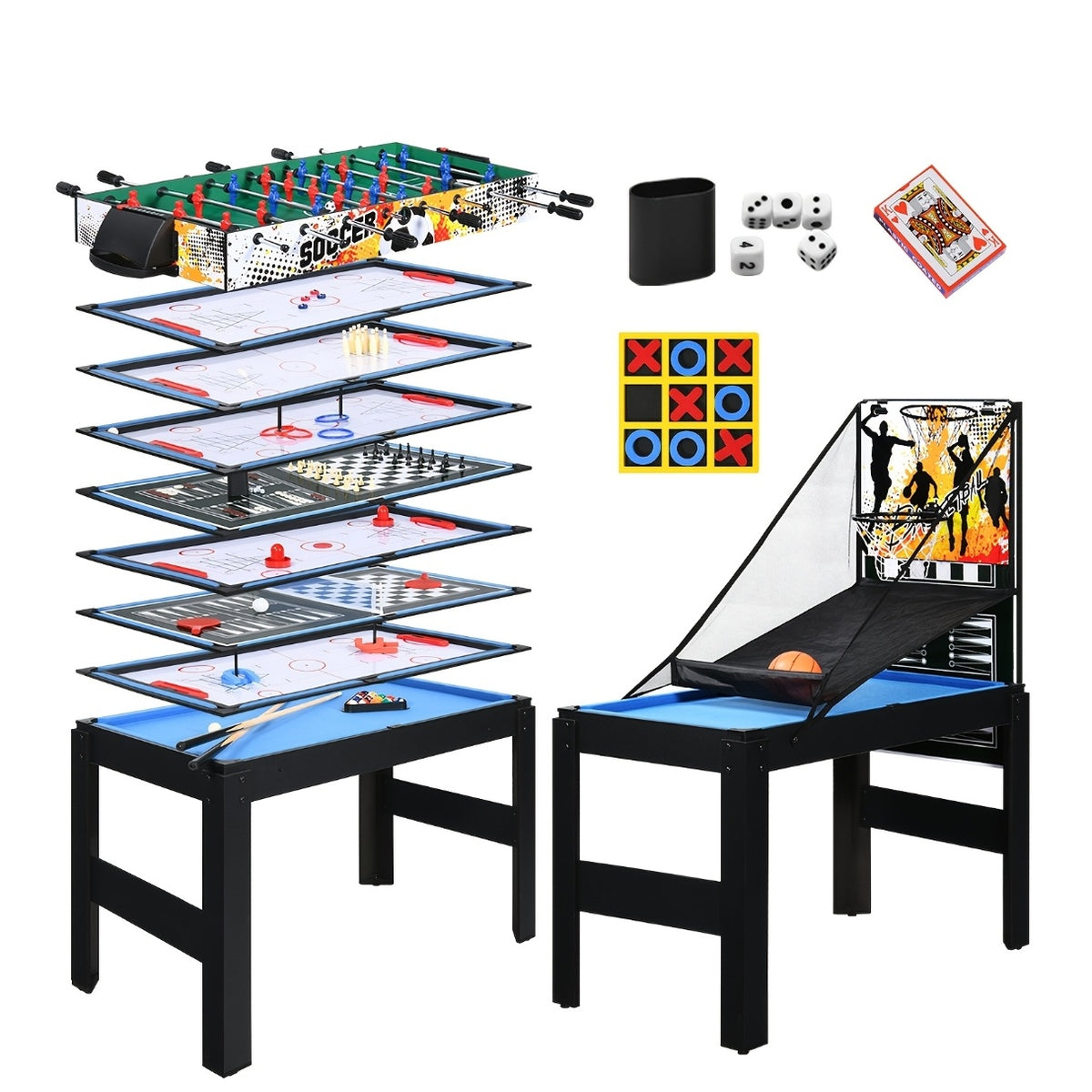 15-In-1 Combo Game Table Set for Home, Multifunctional Game Tables for Game Room, Indoor Game for Adults W/Foosball, Bowling, Basketball, Shuffleboard, Billiard, Hockey, Table Tennis, Chess, Backgammon, Checkers, Ring Toss