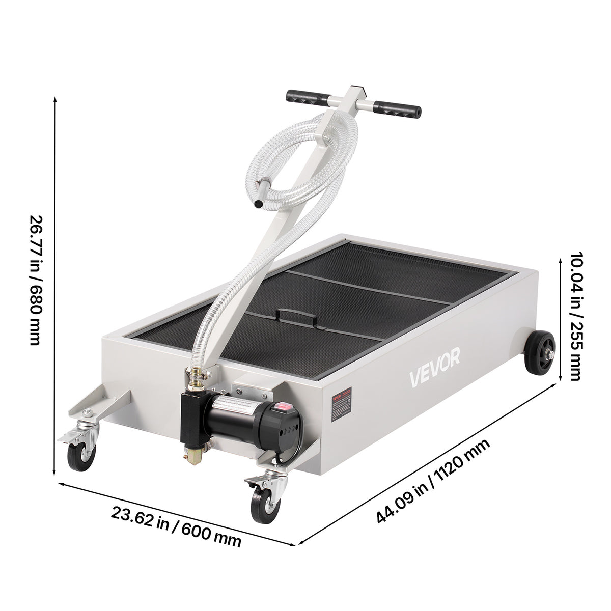 VEVOR Low Profile Oil Drain Pan, 17 Gallon / 20 Gallon Capacity, Rolling Oil Drain Pan with Electric Pump, 7.2 ft Hose & T Folding Handle, Leak-proof & Corrosion-resistant, Fit for Cars, SUVs, Trucks, ATVs, White