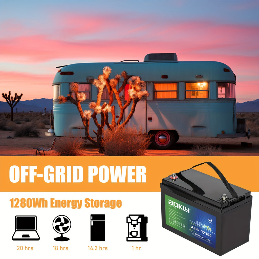 AOKLY 12V Lithium RV Battery with Capacities of 100Ah Or 150Ah, Designed for Deep Cycle Use, Suitable for Off-Grid Power Applications in Homes And Outdoor Settings, And Compatible with Solar Panels