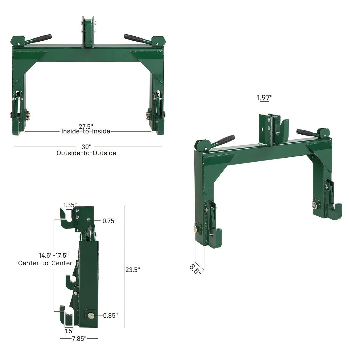 3-Pt Quick Hitch Adapter Category 1 & 2 Tractor, 3000 lb Lift, Adjustable Steel Bolt, Green Powder Coated (OEM Replacement)