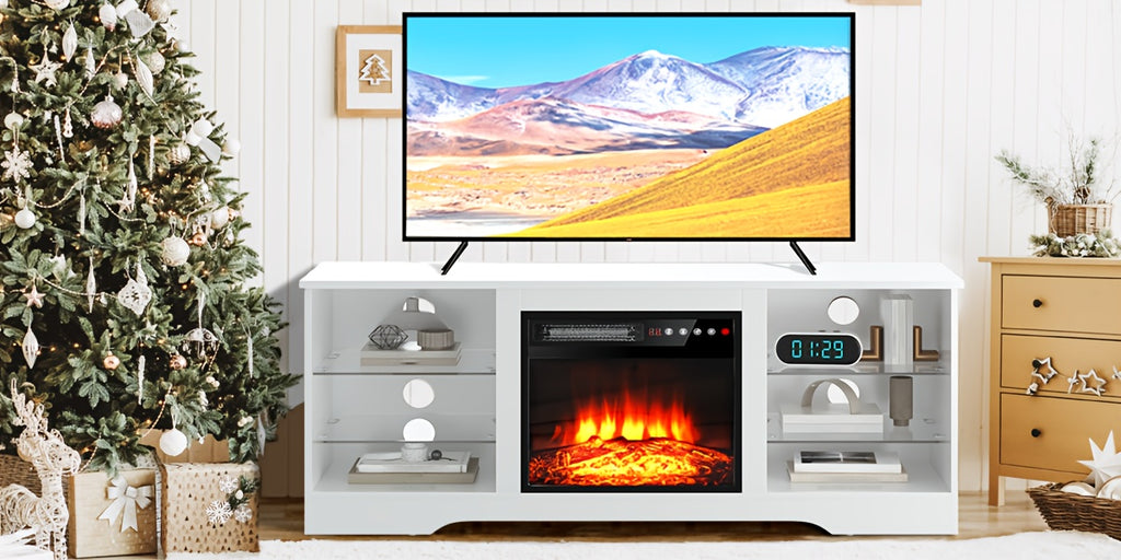 Fireplace TV Stand with 18-Inch Fireplace, Modern Entertainment Center for Tvs Up to 65 Inches, Media TV Console with Adjustable Glass Shelves And Storage Cabinets, Farmhouse TV Stand for Living Room