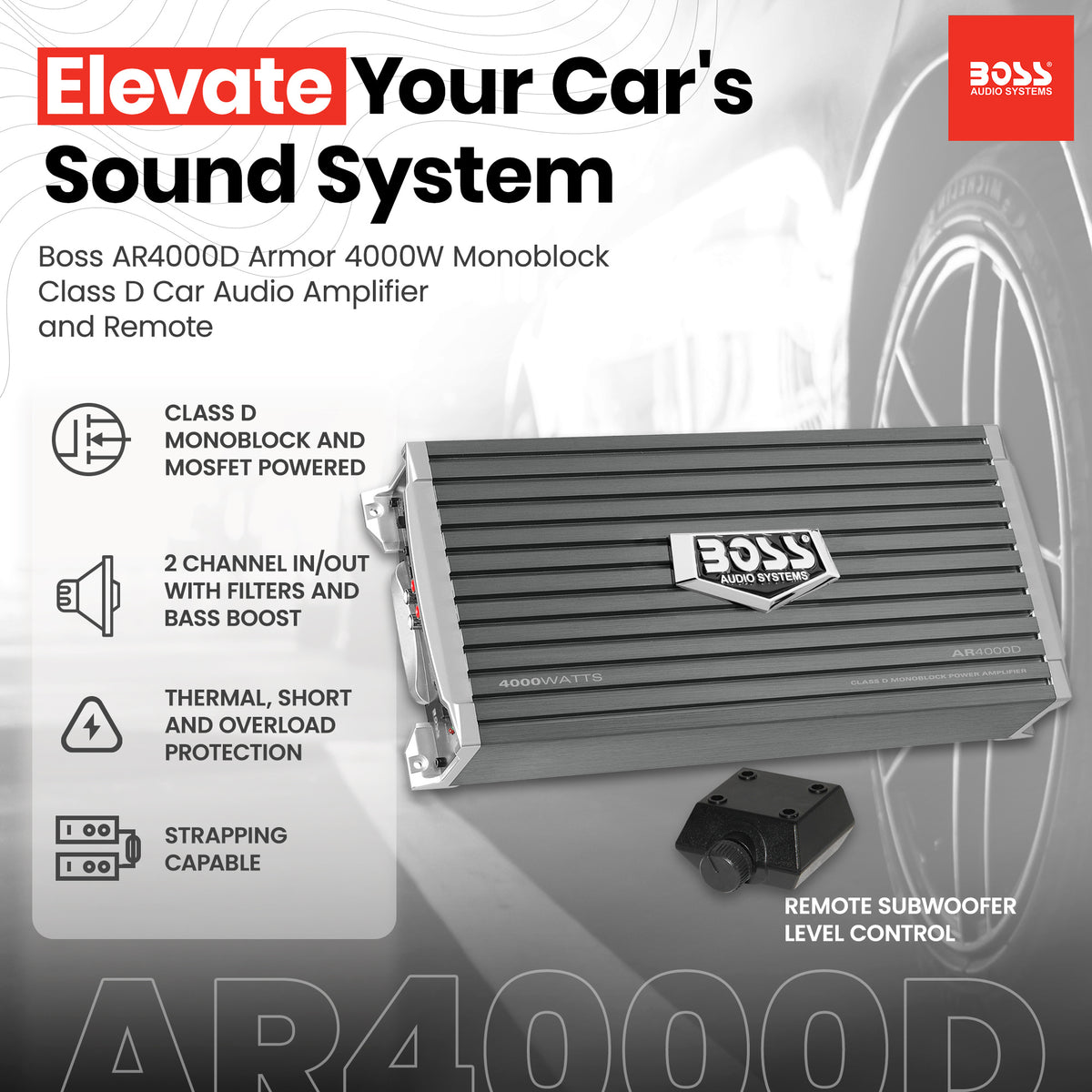 Boss Audio Systems AR4000D Armor 4000 Watt Monoblock Class D 1-Ohm Stable Car Audio Amplifier Amp with Mosfet Power Supply and Remote Control