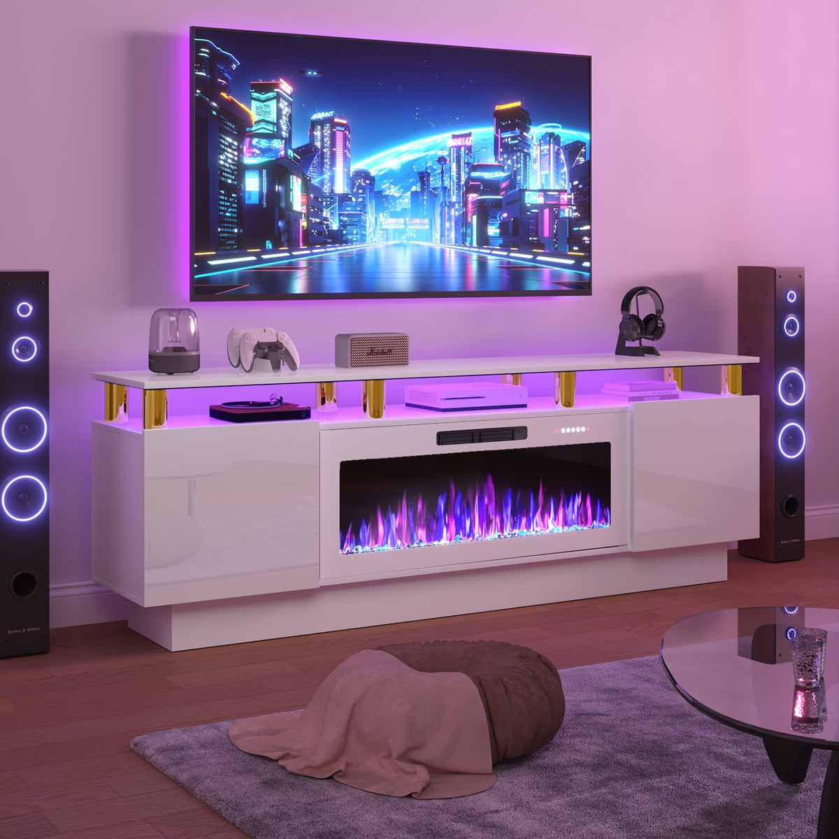 Fireplace TV Stand with 36-Inch Electric Fireplace, 70-Inch LED Light Entertainment Center with High Gloss Cabinet, 2-Tier Modern Wood Media TV Console for Living Room