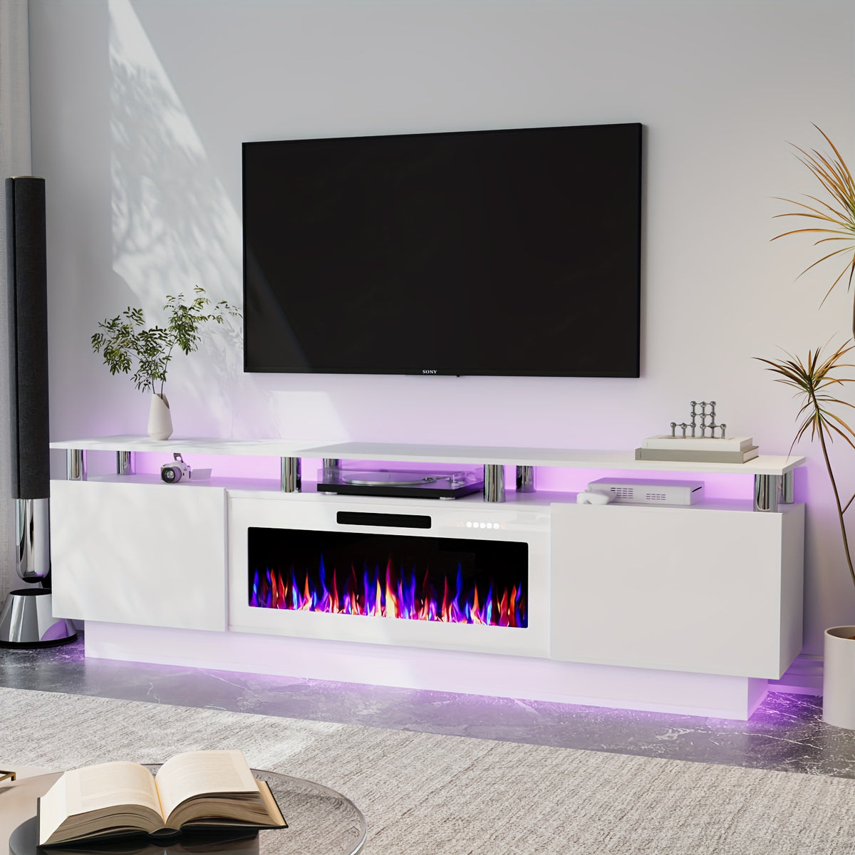 80 Inch LED Entertainment Center with 36 Inch Fireplace, for TVs Up to 90 Inches, Modern Wood TV Cabinet with High-gloss Storage, TV Stand with LED Light Strip Fireplace for Living Room