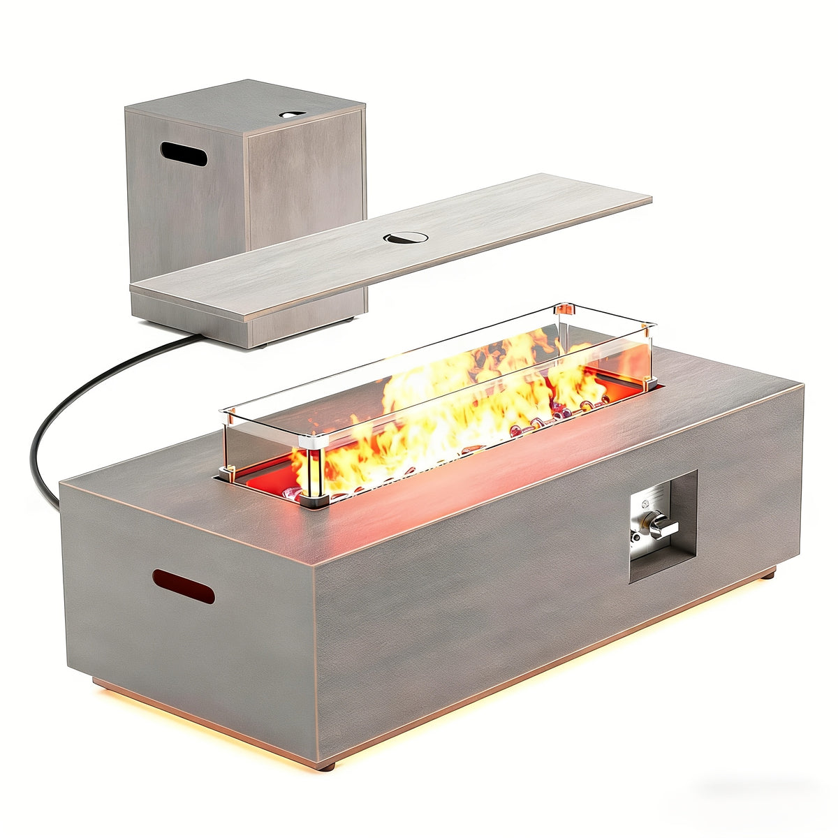 1pc 42 Inch Rectangular Propane Fire Pit Table 50, 000 BTU, Outdoor Gas Firepit With Lid, Blue Fire Glass & Glass Wind Guard, RGB/Warming Light, Includes Rain Cover For Patio, Backyard Deck (Black/Grey/Light Grey)