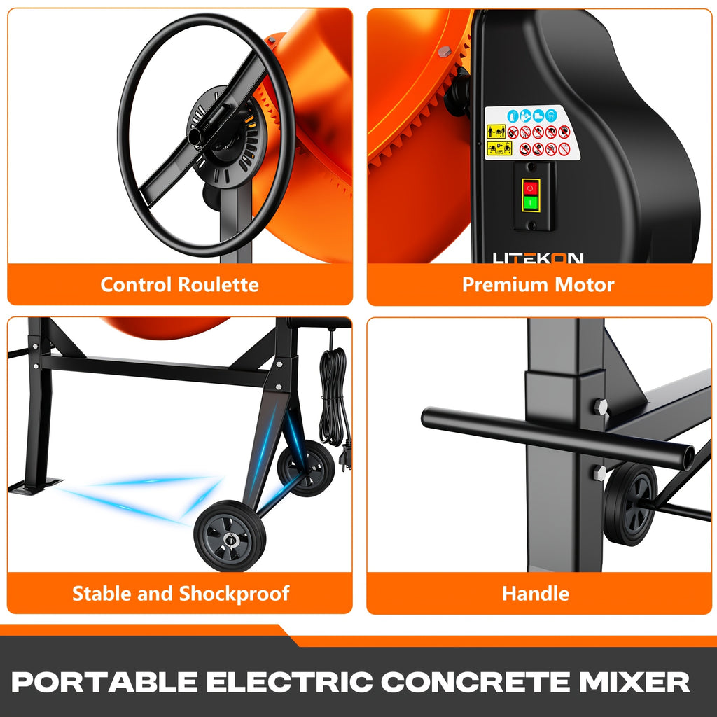 Electric Concrete Mixer with Wheels in 4.3 or 5.3 Cubic Feet for Cement and Mortar Mixing Jobs