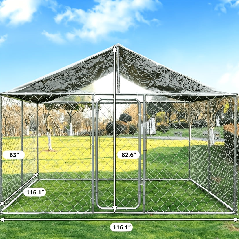 [Heavy Duty Dog Kennel] Dog Kennel Outdoor Large Dog House Outside With Canopy, Heavy Duty Dog Playpen Galvanized Anti-Rust Dog Cage For Farm Backyard Garden (118'' L X 118'' W X 83'' H)