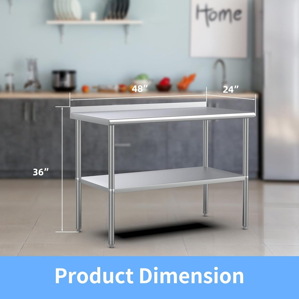Stainless steel ready-made workbench, commercial heavy-duty workbench and workstation, suitable for metal dining tables in kitchens, restaurants, homes and hotels, with adjustable base frame and waterproof board