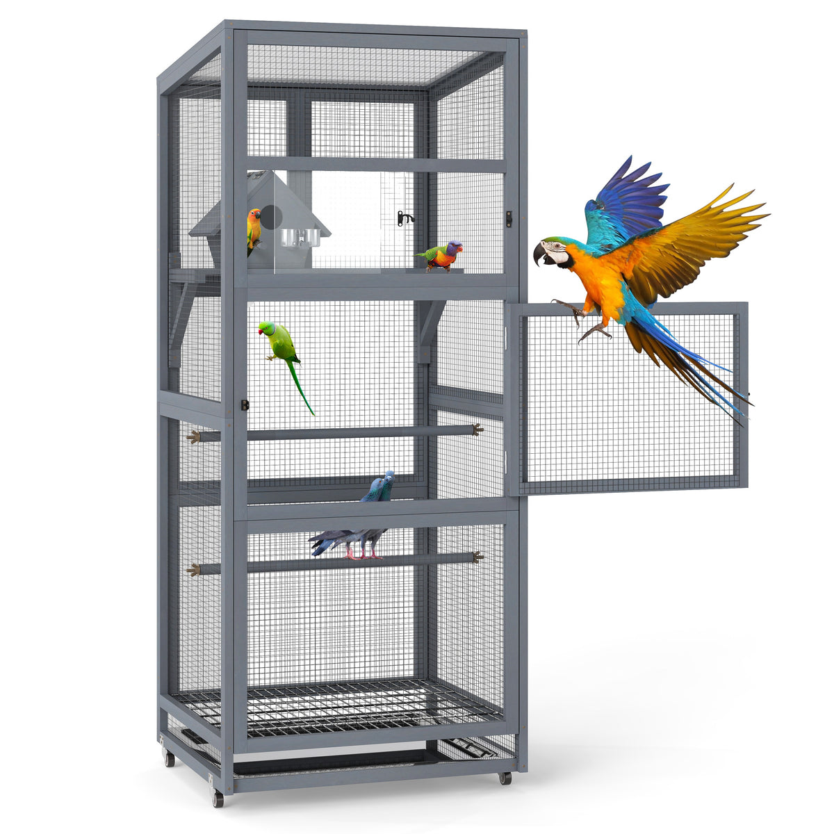 68.3''Enclosure Wood Tilted Flat Top Floor Bird Cage Equipped with Stand and Wheels