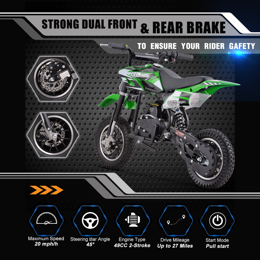 Mini Dirt Bike, 49 CC 2-Stroke Gas Bike (Model :DB001) with Off-Rode Tire, Suspensions, Disc Brakes, Max Load 160Lbs, Up to 20Mph-Included: gloves, face mask, cycling protective gear, cycling boots, and anti-theft lock.