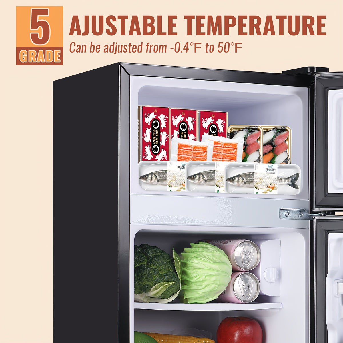 2.4 CU.FT. Mini Fridge with Freezer, Personal Refrigerator, Small Size Refrigerator with 7 Level Adjustable Temperature and Double Door