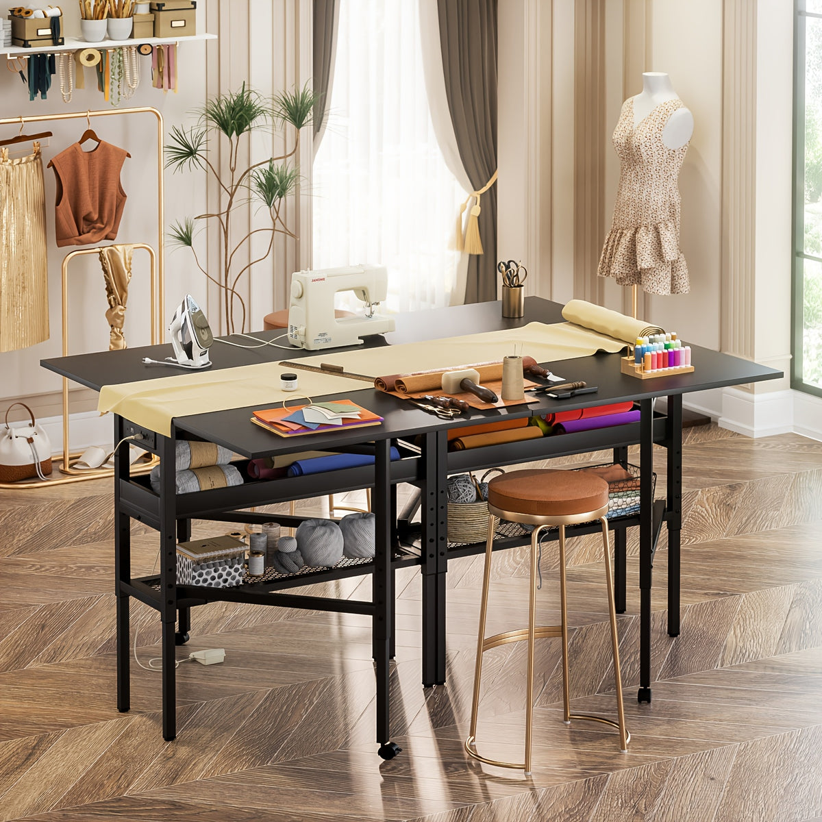 50" Foldable Sewing Cutting Table with Charging Station | Height Adjustable, Metal Frame, Storage Space, Suitable for Sewing and Craft Rooms, Mixed Color, ISUNIRM
