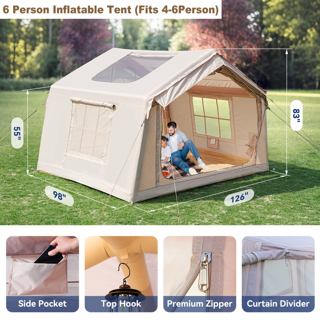 LILYPELLE 6-12 Person Ridge-Style Inflatable Camping Tent with Manual Pump, Large Mesh Windows And Curtain Divider, Four-Season Use, Easy Setup, Ideal for Groups And Families