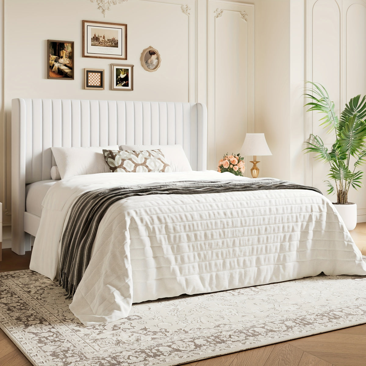 WEEWAY Wingback Velvet Upholstered Platform Bed Frame, Vertical Channel Tufted Headboard, Wooden Slats Support, Heavy Duty Mattress Foundation, No Box Spring Needed, Easy Assembly, Avabliable Full/Queen/King Size, Free Shipping
