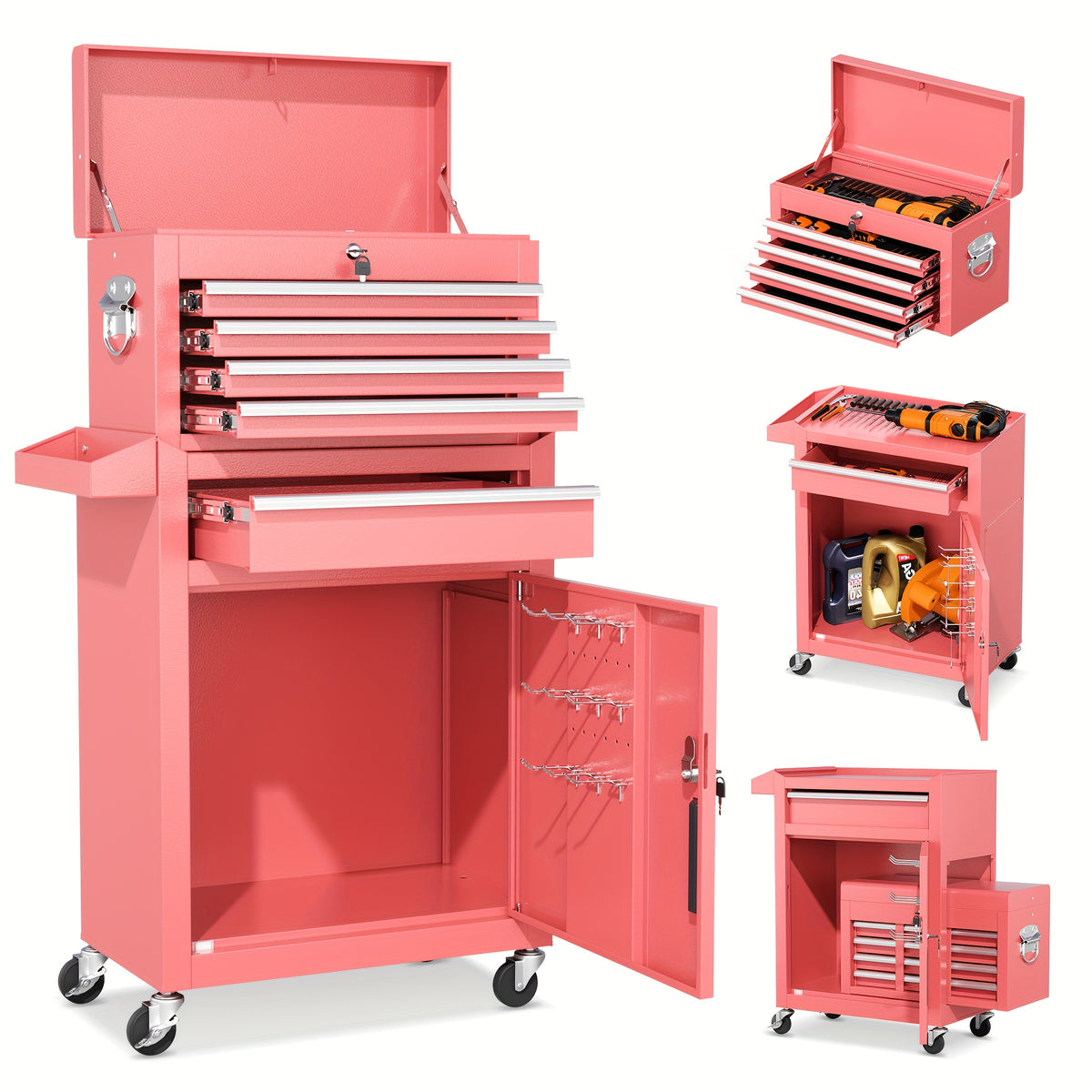 Versatile 5-Drawer Rolling Tool Chest with Detachable Top Tool Box, Tool Storage Cabinet with Universal Lockable Wheels, 2 in 1 Metal Tool Cart for Home Office, Garage, Warehouse, Workshop, Barbershop