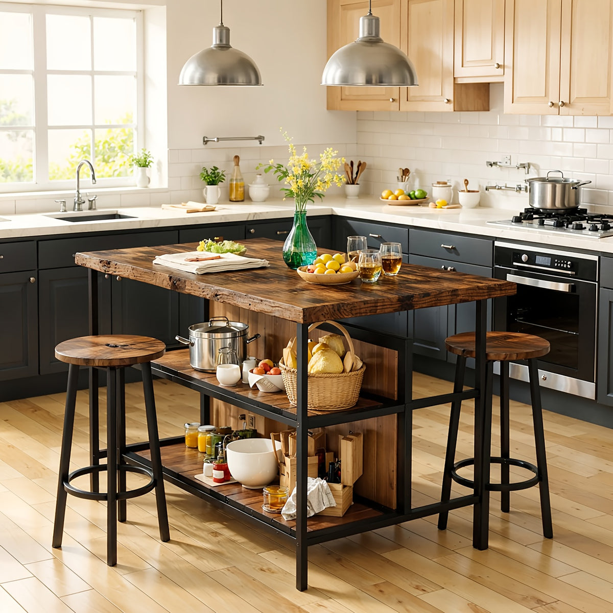 3pcs Kitchen Island Set with 2 Bar Stools, Modern Contemporary Style Dining Room Table And Chair Set with 2-Tier Storage Shelves, Counter Height Bar Table Set for 2, 3pcss Kitchen Table Set with 2 Chairs for Kitchen, Dining Room, Restaurant