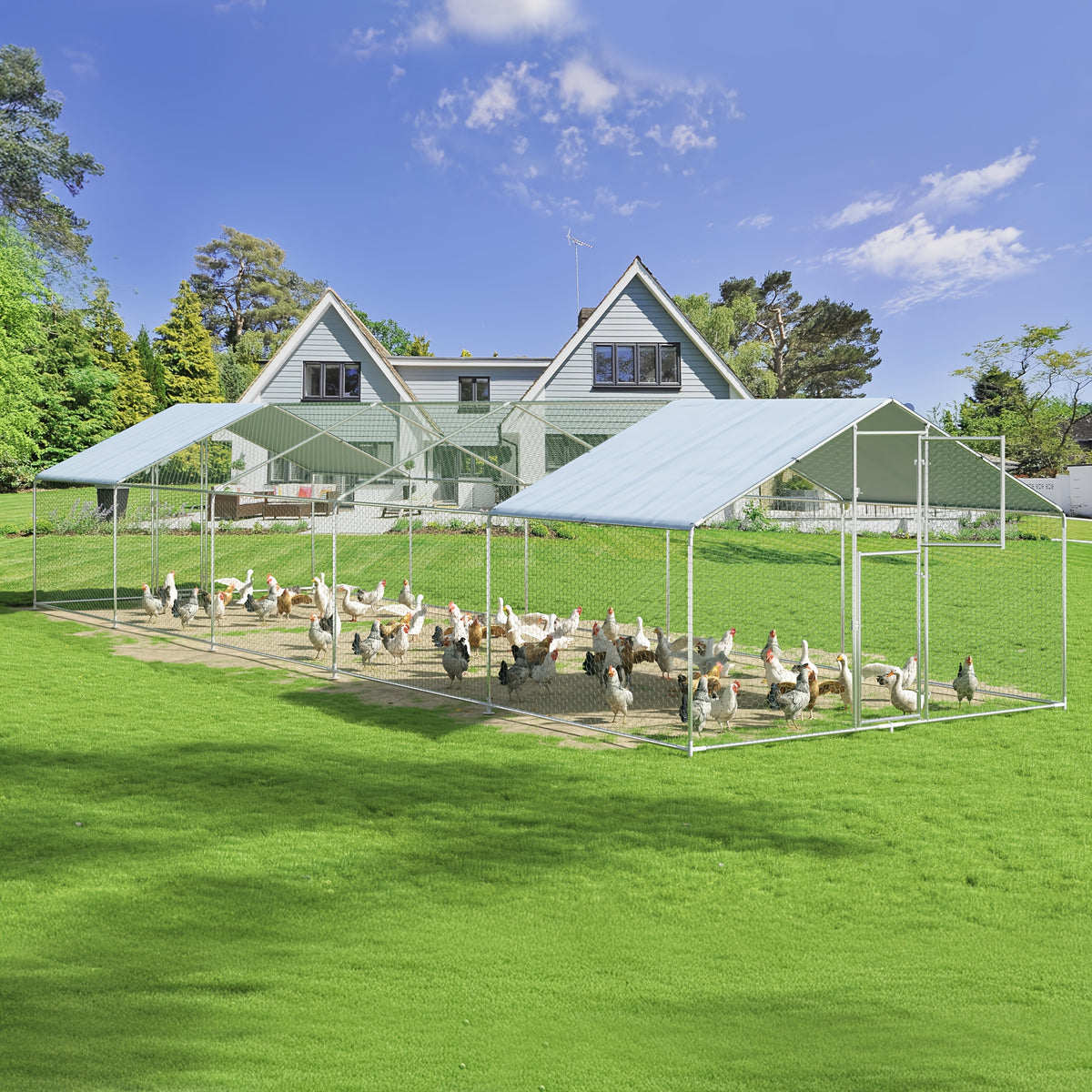 Polar Aurora Metal Chicken Coop, Large Outdoor Chicken Pen, Walk-In Chicken Run for 6-20 Chickens, Double Door Chicken House with UV Protection Cover for Backyard