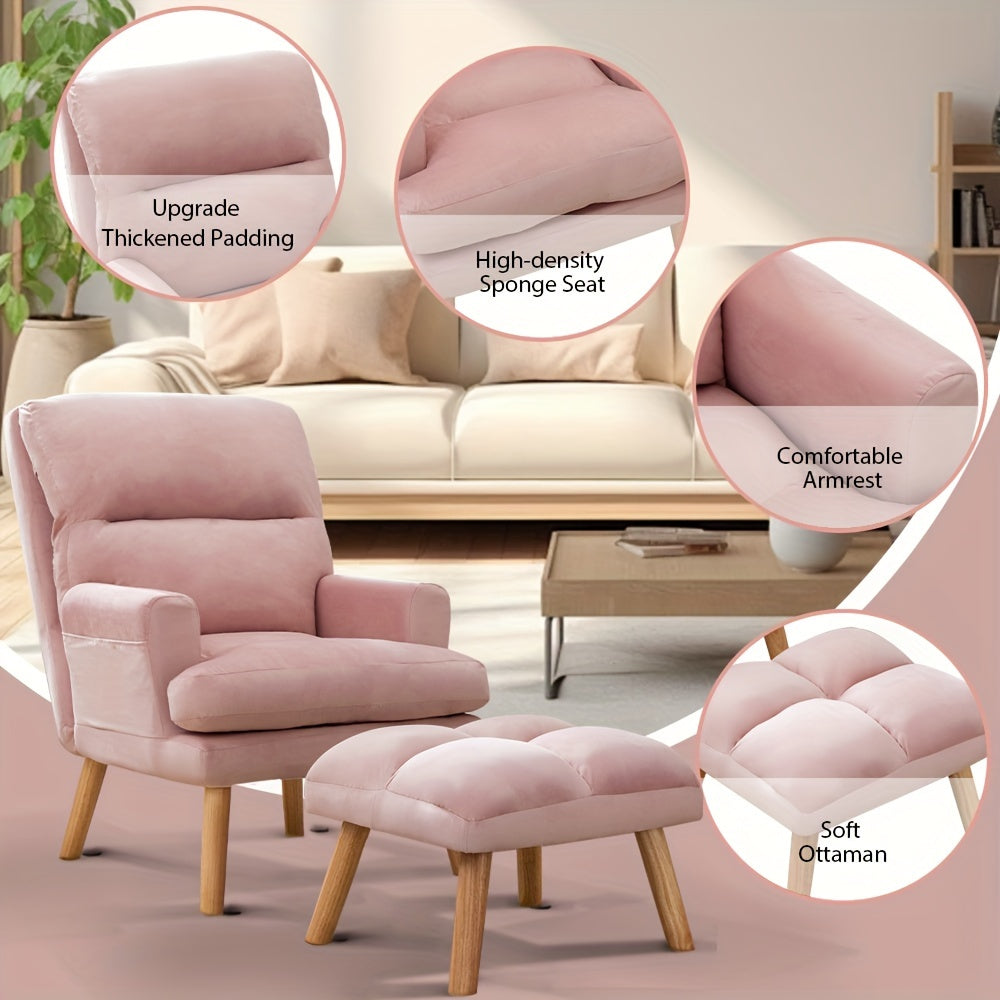 Home Furniture, Modern Style Single Sofa Chair with Ottoman, Adjustable Backrest And Side Pockets, Suitable for Living Room And Bedroom
