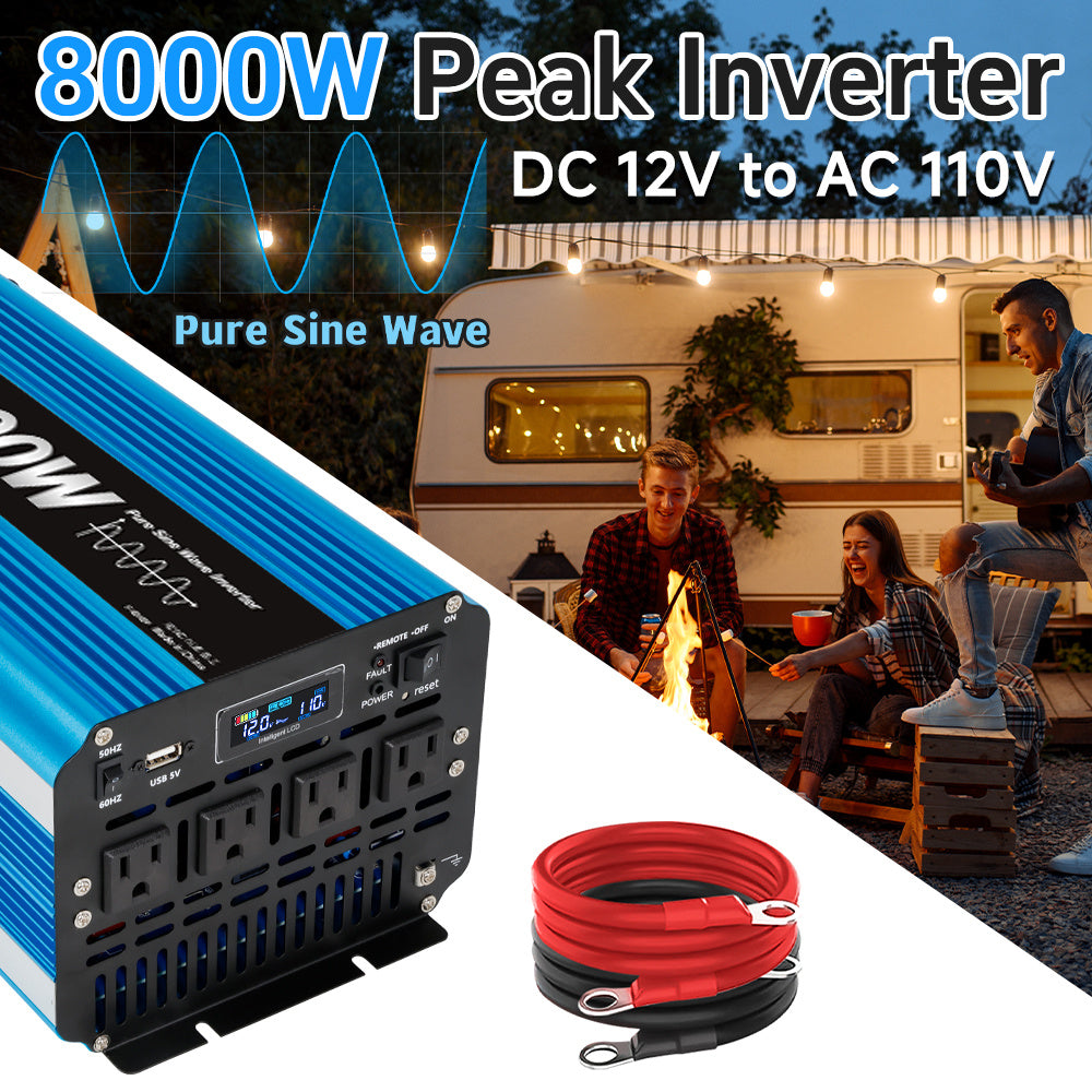 Pure Sine Wave Inverter 8000W (Peak)Car Power Inverter Efficient 12V/24V DC To 110V 120V AC With LCD Display And Remote & Troubleshooting, 4 US Sockets For Vehicles Car Chargers For Home Solar System RV Vans, Without Battery
