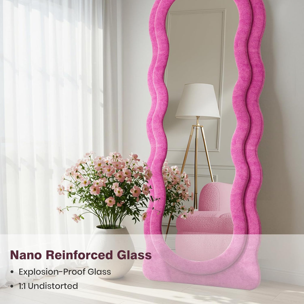 63"x24" Large Arched Full Body Mirror with Hot Pink Flannel Wrapped Frame & Stable Stand - Contemporary Floor Standing or Wall-Mounted/Leaning Mirror for Bedroom, Dressing Room, Entryway - No Electrical Required, Durable Construction