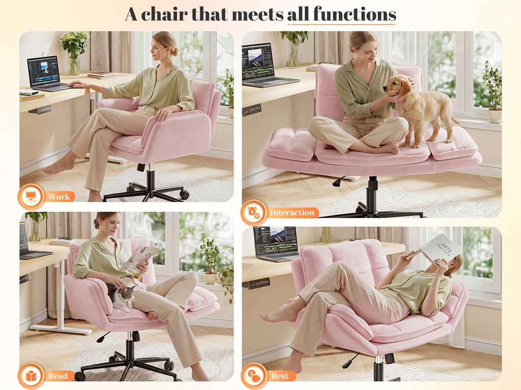 Office Criss Cross Chair with Wheels & Armrests, Comfy Wide Vanity Chair, Height Adjustable Computer Office Desk Chairs for Home, Makeup, Bedroom, Stable & Comfortable