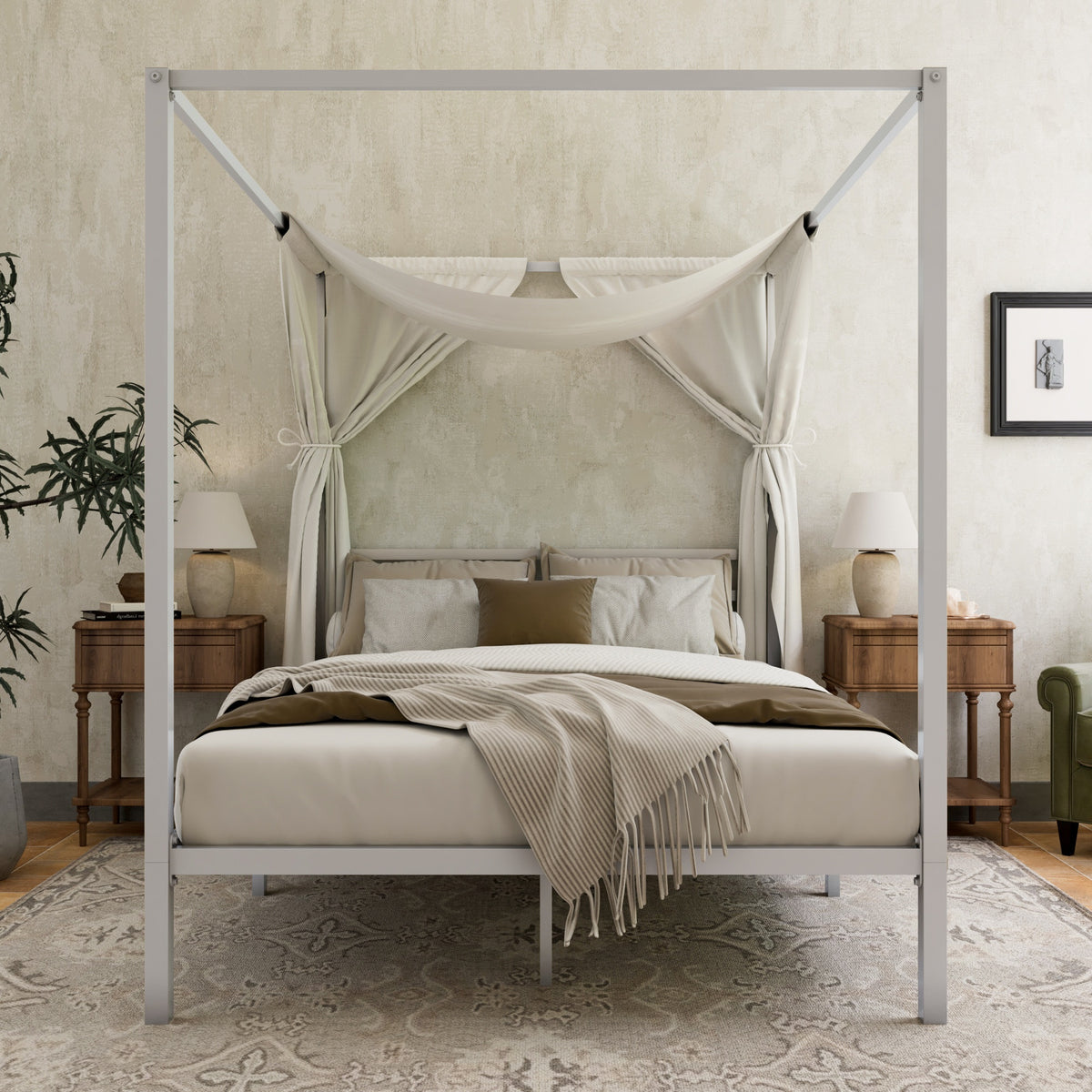 WEEWAY Heavy-Duty Metal Canopy Bed Frame with 4 Sturdy Posts & 3 Reinforced Crossbars - Easy Assembly, No Box Spring Needed, Modern Design for Full/Queen Size Beds (Black/White), Bedroom Furniture, Elegant Bedroom Style, Smooth Finish, Contemporary Furnit