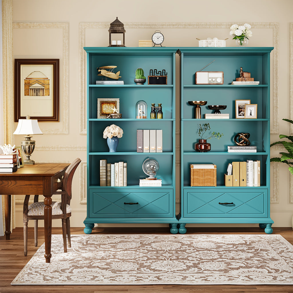 Modern 6-Shelf Bookcase with Drawer, 71 Inch Tall Floor Standing Bookshelf with Solid Wood Legs, 6-Tier Large Open Display Storage Book Shelf for Living Room, Bedroom, Home Office, Ocean Blue