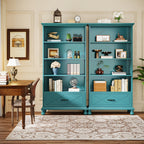 Modern 6-Shelf Bookcase with Drawer, 71 Inch Tall Floor Standing Bookshelf with Solid Wood Legs, 6-Tier Large Open Display Storage Book Shelf for Living Room, Bedroom, Home Office, Ocean Blue