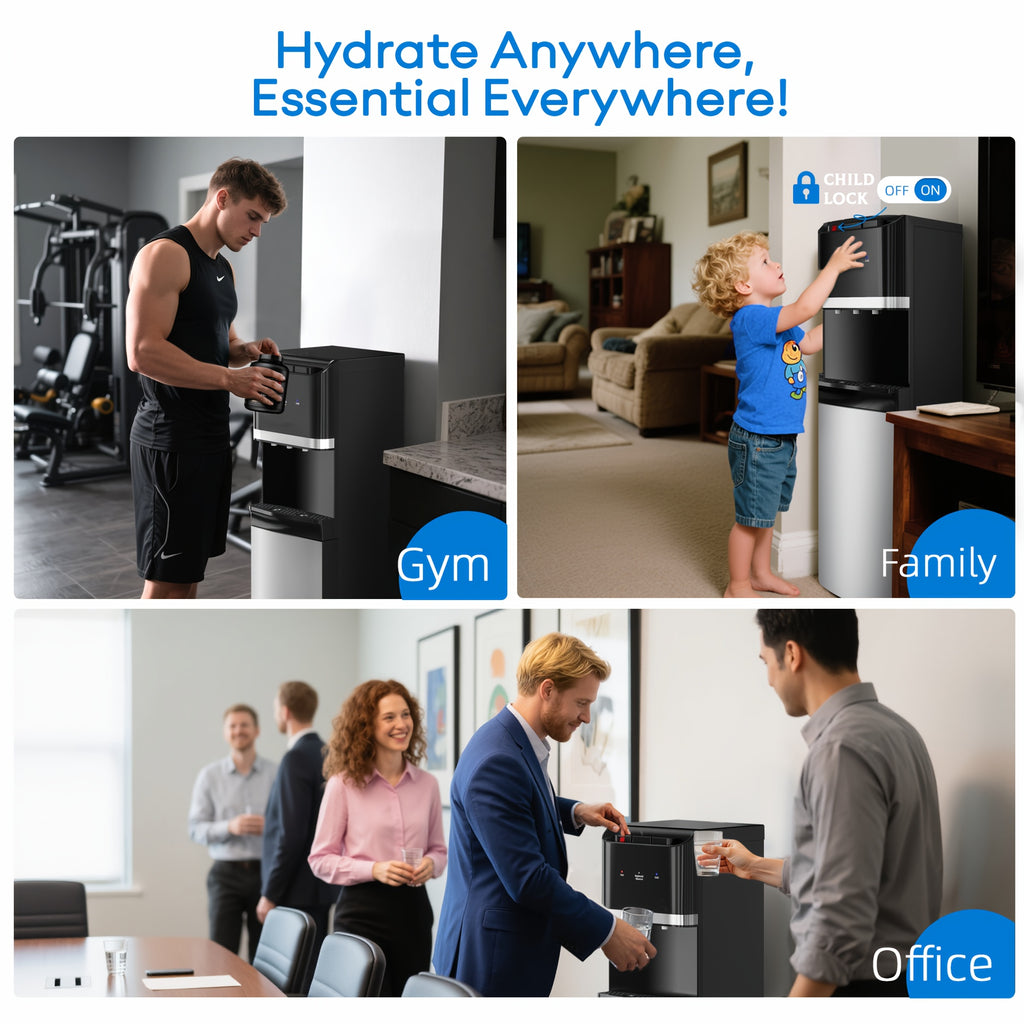 GUNJI 110V Bottom-Mounted Water Cooler Dispenser for 5-Gallon Bottles, with Hot, Cold, and Room Temperature Indicator Lights, Designed Specifically for Homes, Apartments, and Offices