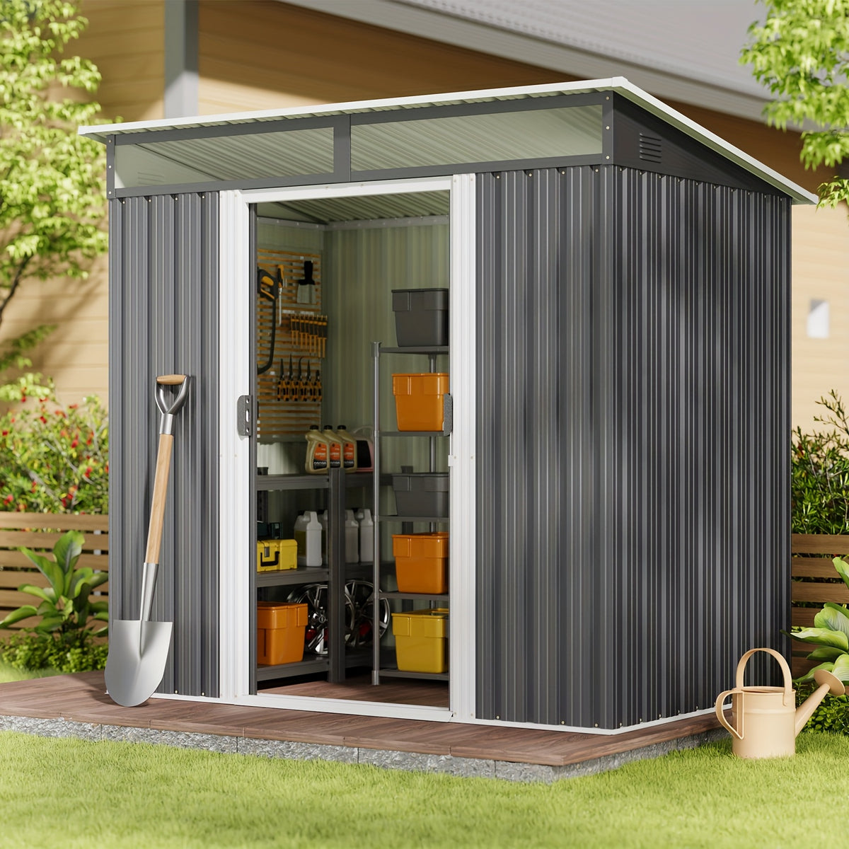 Metal Storage Shed with Lockable Sliding Doors and Transparent Windows for Outdoor Tools and Bikes, 6x4 FT or 8x6 FT