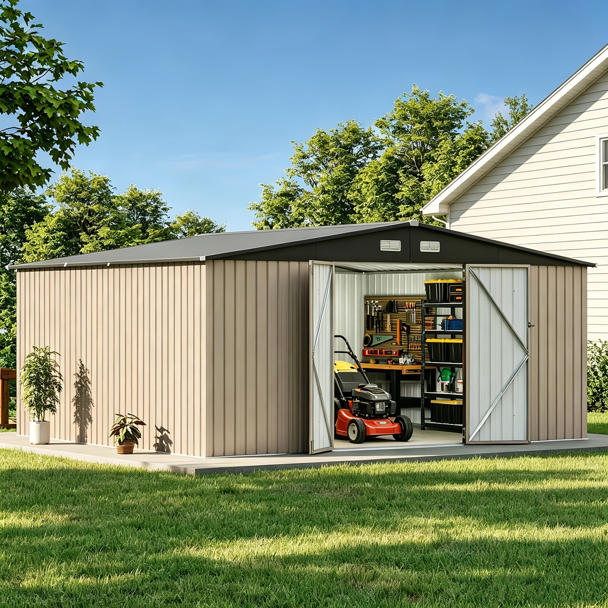 GUNJI Heavy-Duty 10X14 FT & 5X3 FT Metal Garden Shed With Double Hinged Large DoorSecure Tool Sheds & Backyard Organization For Outdoor Storage Solutions, Patio Storage, Garbage Can, Chicken Coop
