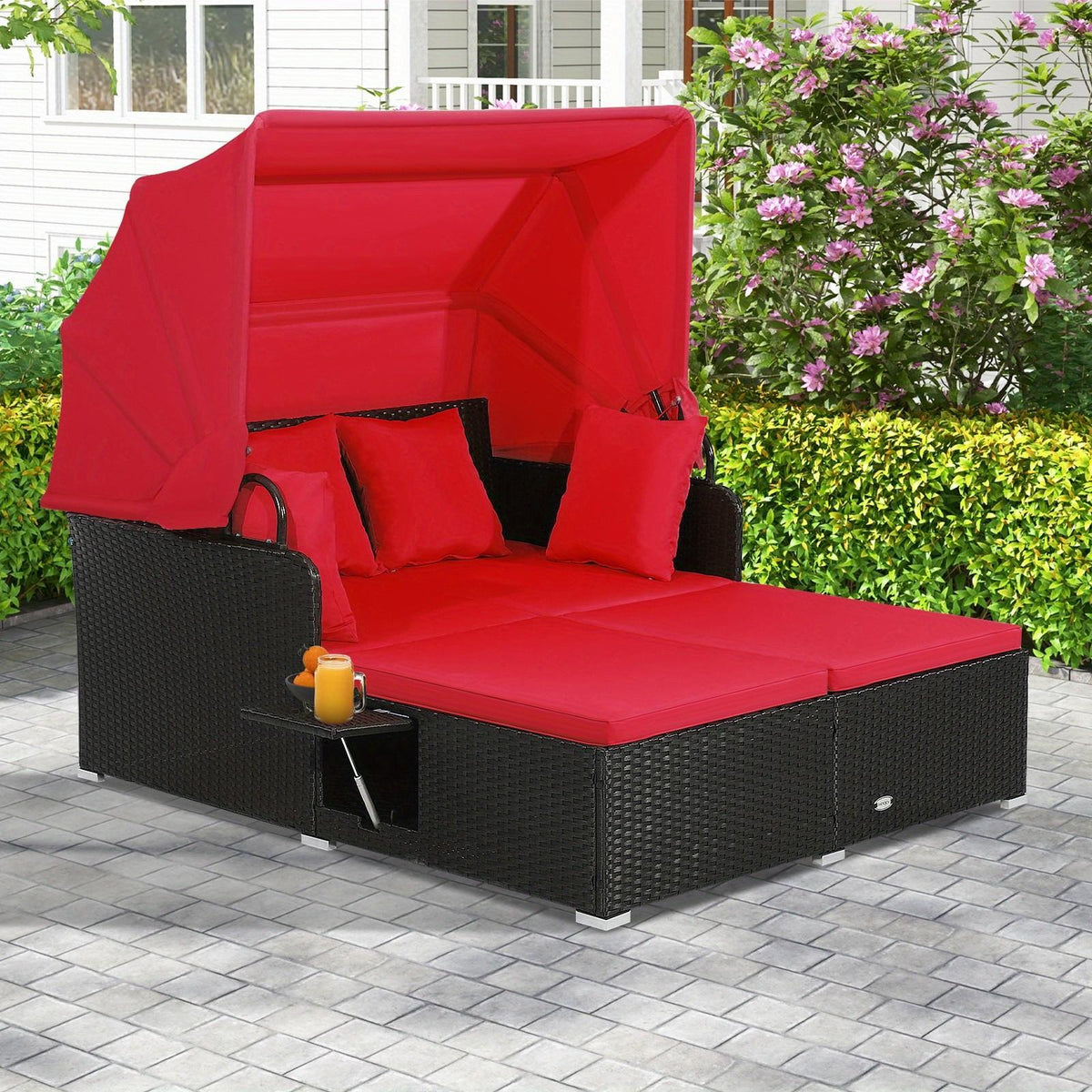 COSTWAY 2-Person Outdoor Daybed, Patio Double Chaise Lounger with Retractable Canopy And Side Tables, Wicker Sunbed with Cushions And Throw Pillows for Poolside Backyard Garden